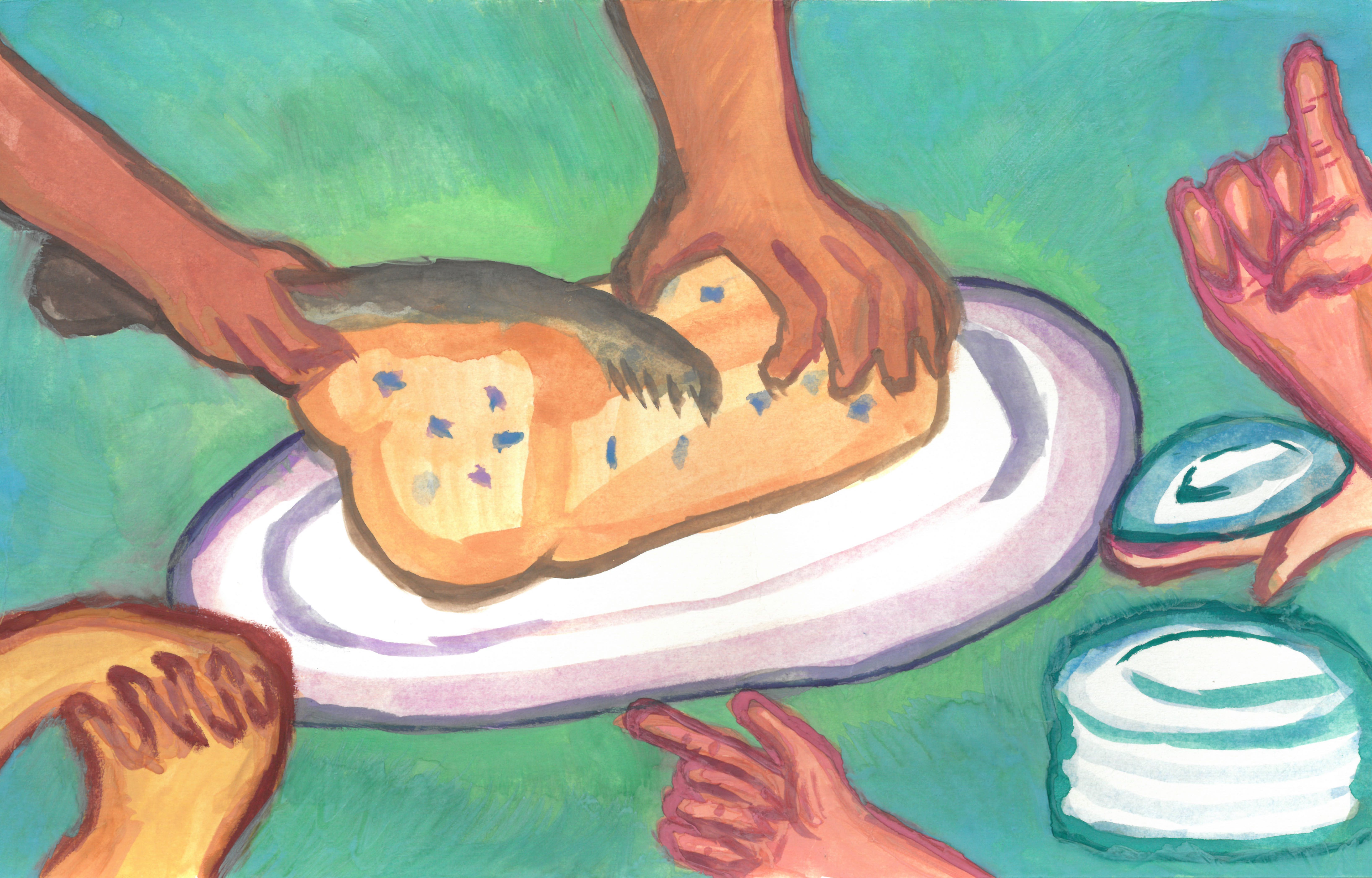 Image is a pastel/chalk style illustration showing bread being cut, with multiple hands holding plates and reaching out for pieces of the bread loaf.