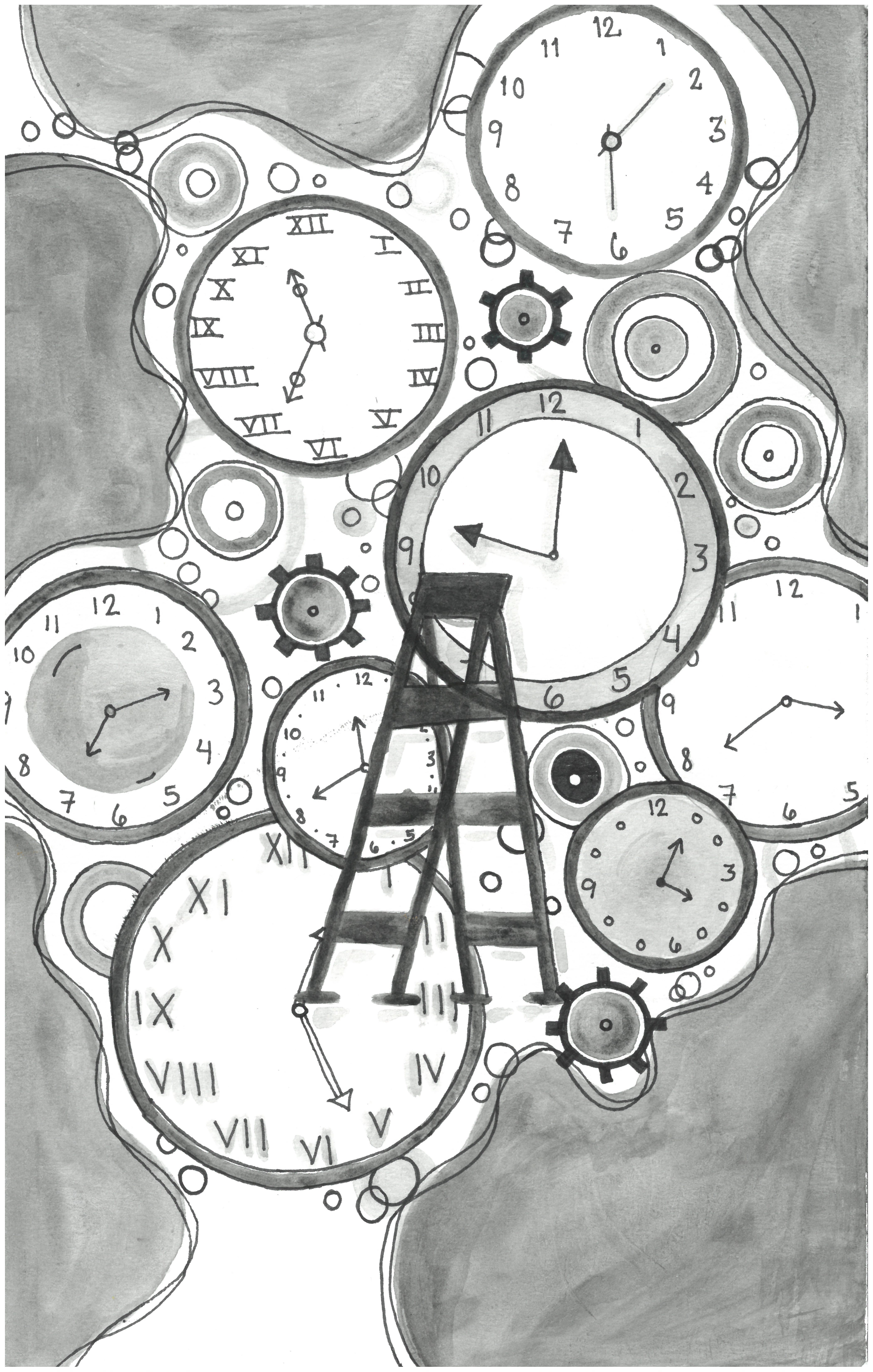 Image is an abstract drawing in pencil of various clocks in a strange, blobby shape.