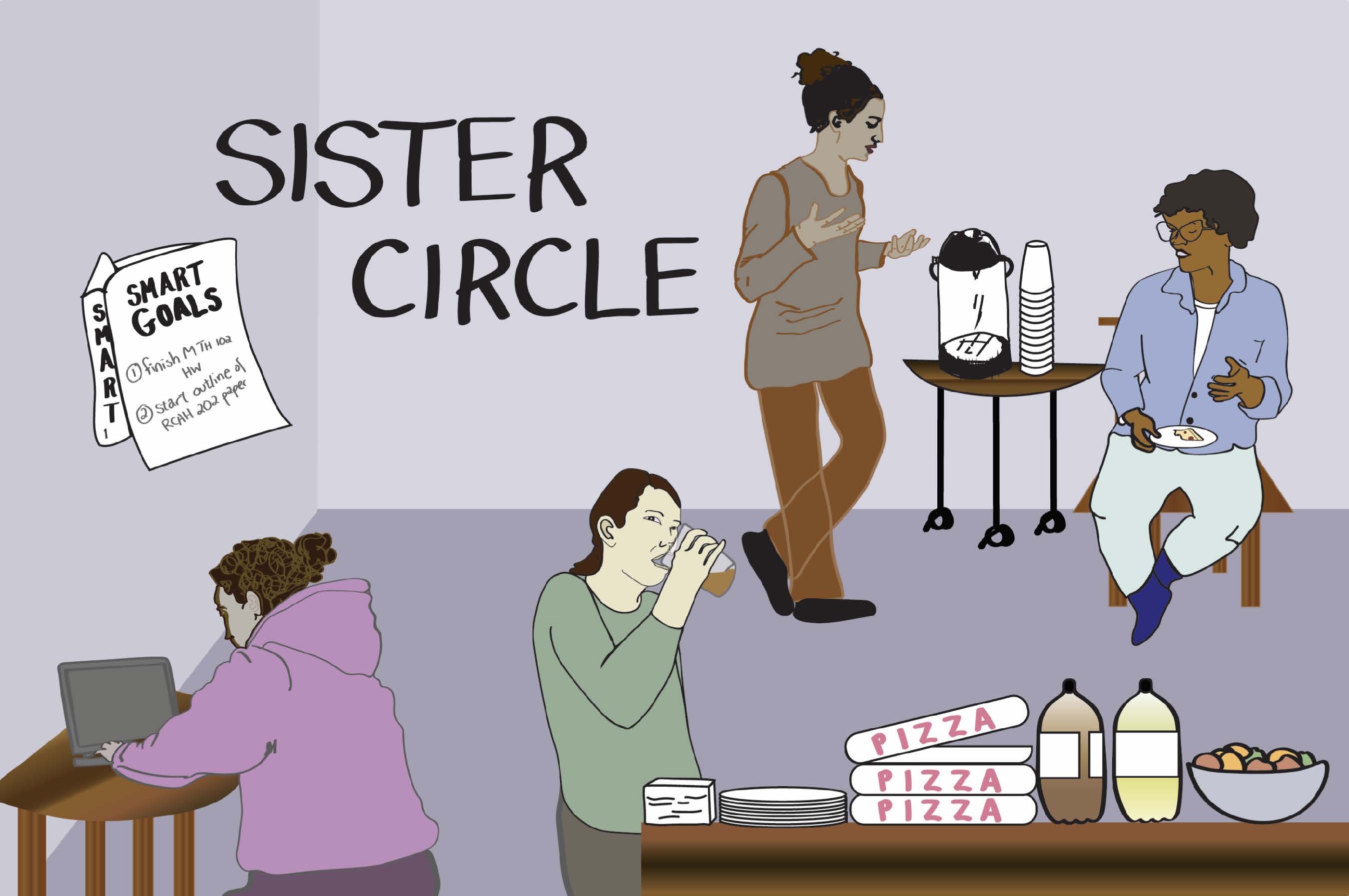 Image shows an illustration of four women of color in a classroom space, getting coffee and donuts, and having discussions with one another.