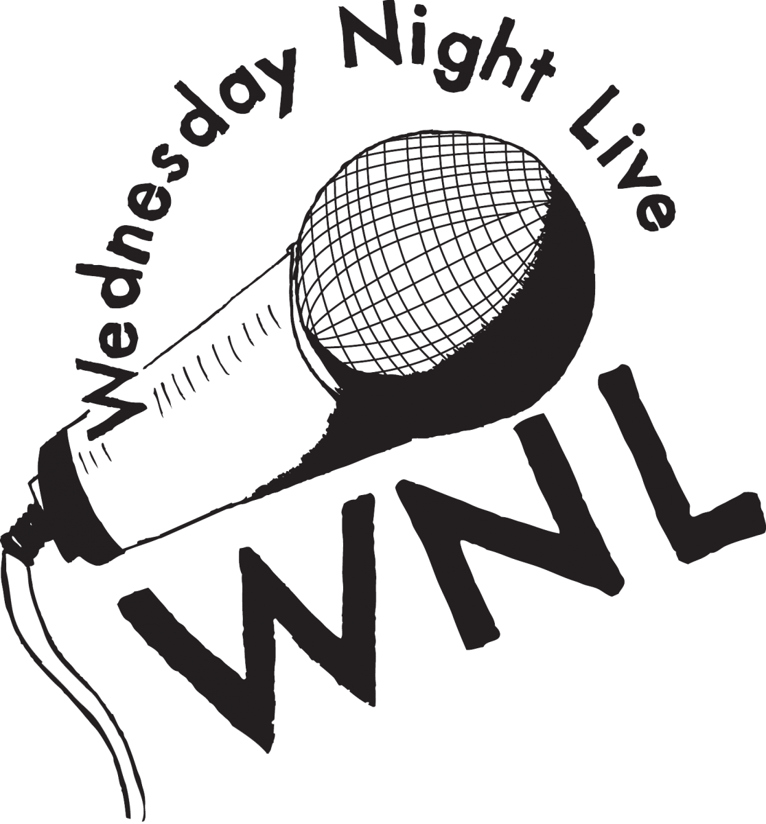 Logo for Wednesday Night Live, features a microphone and the words "Wednesday Night Live, WNL"