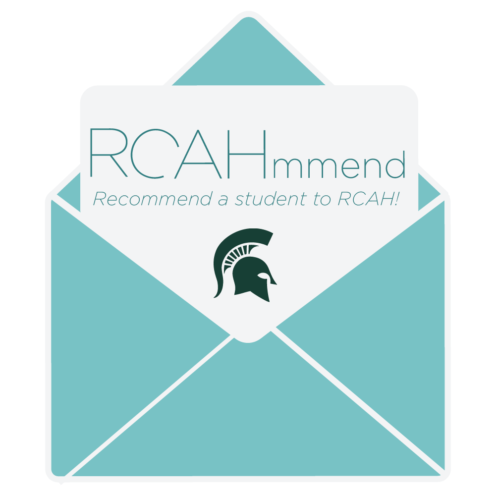 Image is illustration of an envelope opening to reveal a notecard that reads "RCAHmmend! Recommend a student to RCAH!"