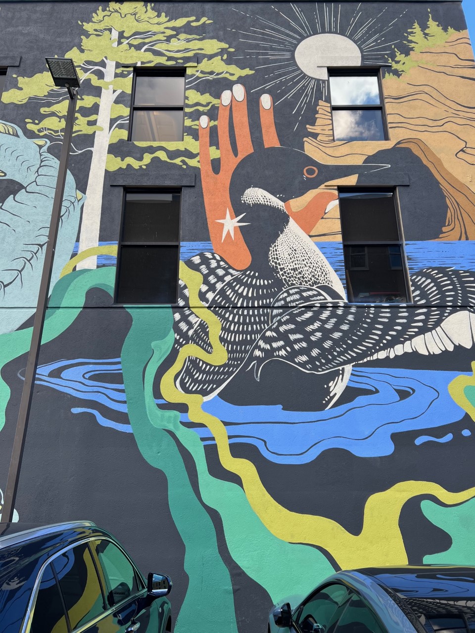 Image shows mural by artist Maddison Chaffer: colorful painting with bird